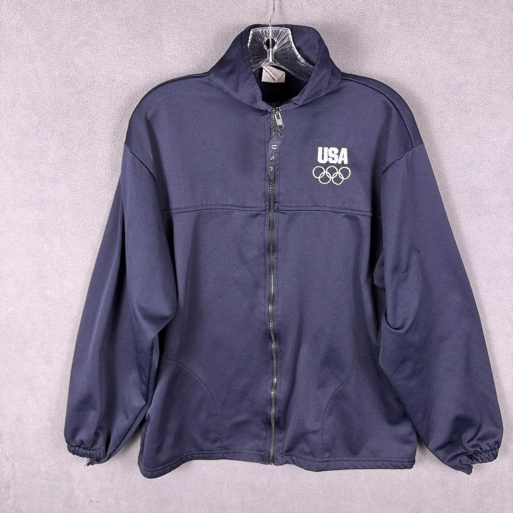 Olympic Mens L Made In USA Mock Neck Navy‎ Full Zip Long Sleeve Fleece Vintage
